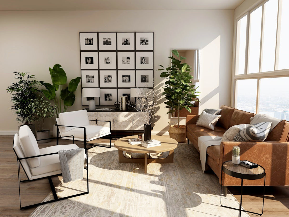 Modern rustic living room featuring a solid oak coffee table and minimalist sofa, representing affordable luxury furniture curation.