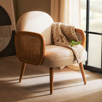 Cebu Ivory Fabric & Cane Armchair - Elm Wood Legs Boho Living Room Chair | Hearth & Haven