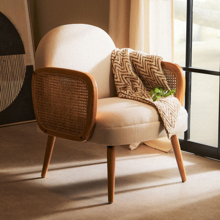 Cebu Ivory Fabric & Cane Armchair - Elm Wood Legs Boho Living Room Chair | Hearth & Haven