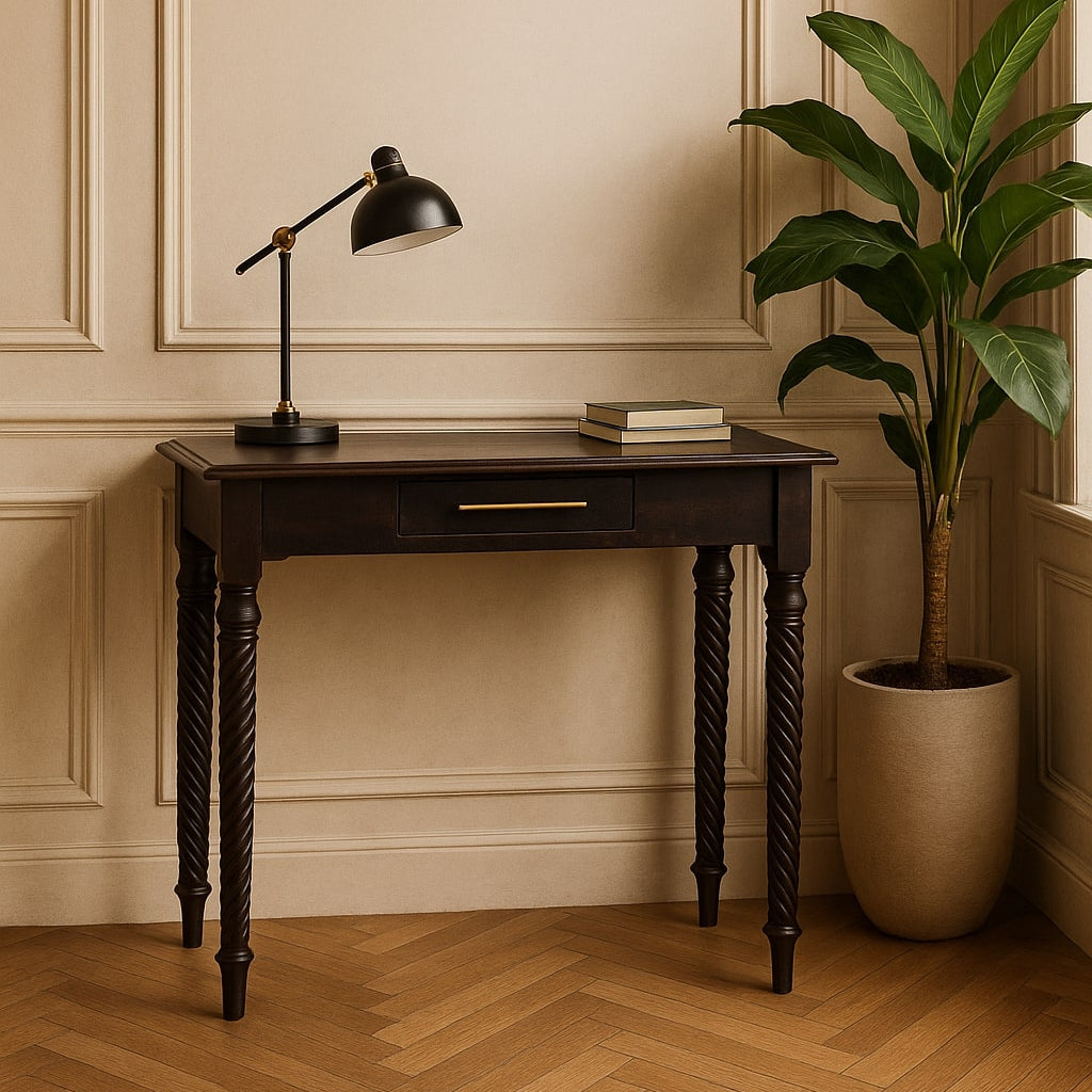 Cordelier Dark Mango Wood Desk - Industrial Brass Detail Console