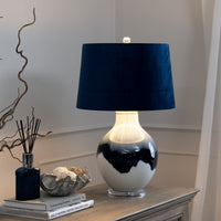 The Ice Shadows Table Lamp - Hand-Dipped Blue & White Glass Base Navy Velvet Shade | Hearth & Haven