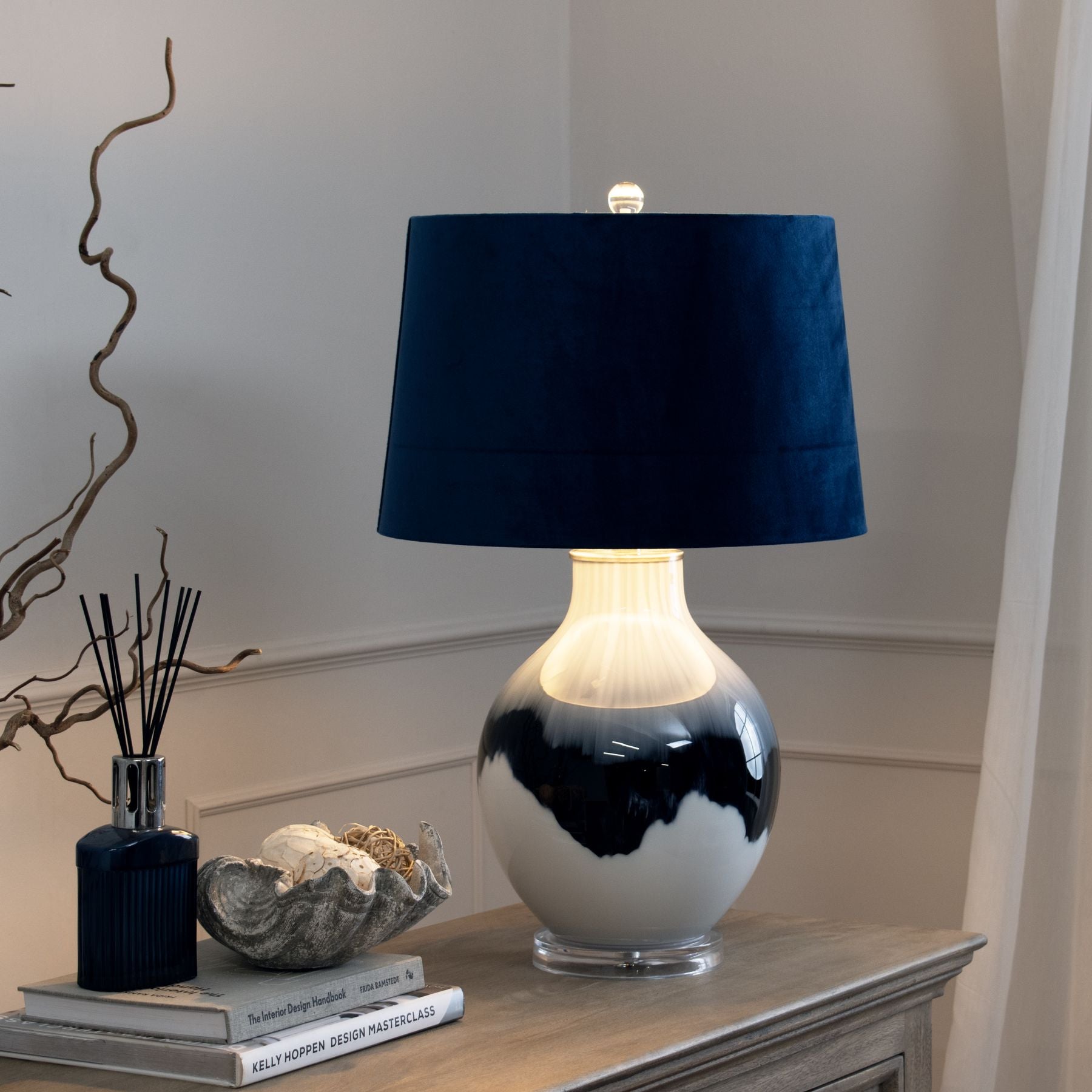 The Ice Shadows Table Lamp - Hand-Dipped Blue & White Glass Base Navy Velvet Shade | Hearth & Haven
