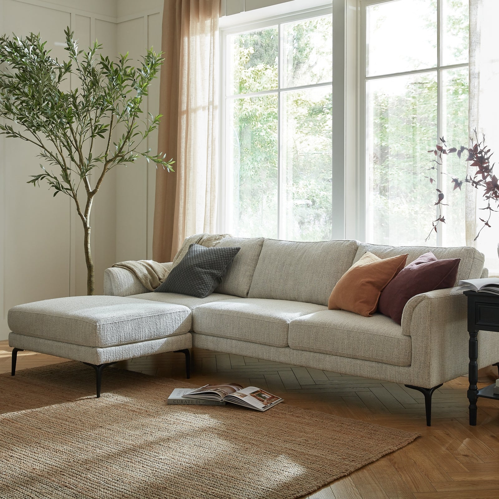 The Zephra Three Seater Sofa & Footstool - Cream Bouclé Modern Corner Sofa | Hearth & Haven