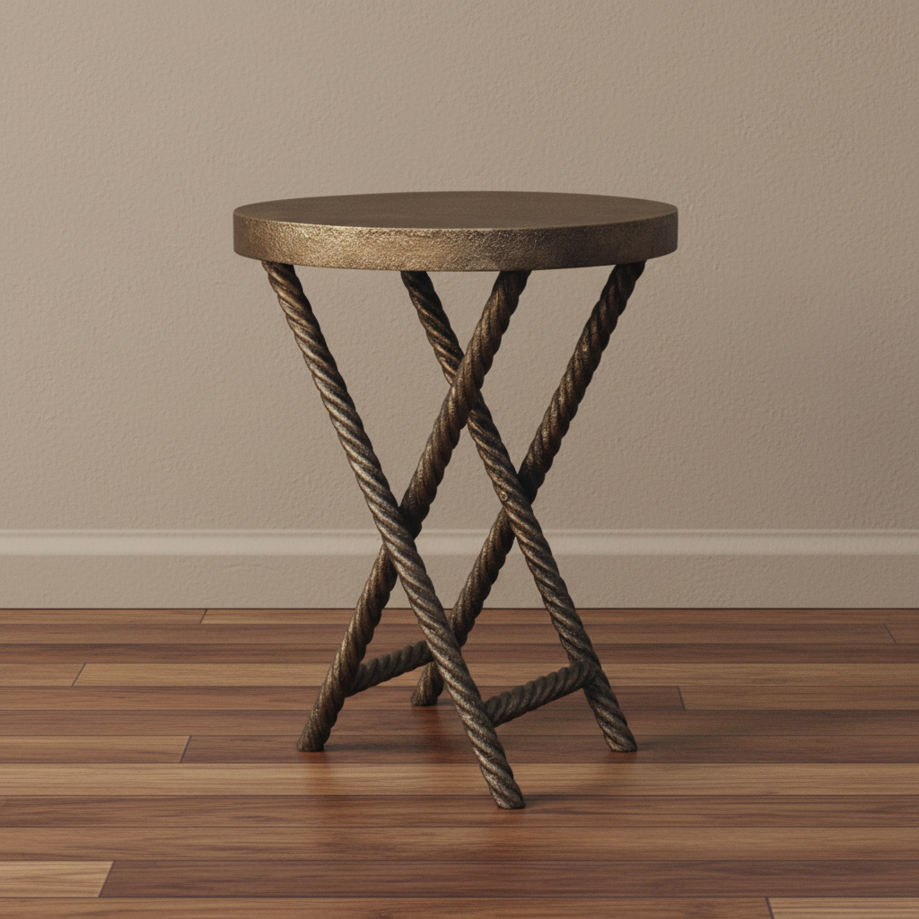 Bronze Accent Table with Twisted Rope Legs. Metallic Rope and Glass Side Table - Luxe Gold Accent Furniture