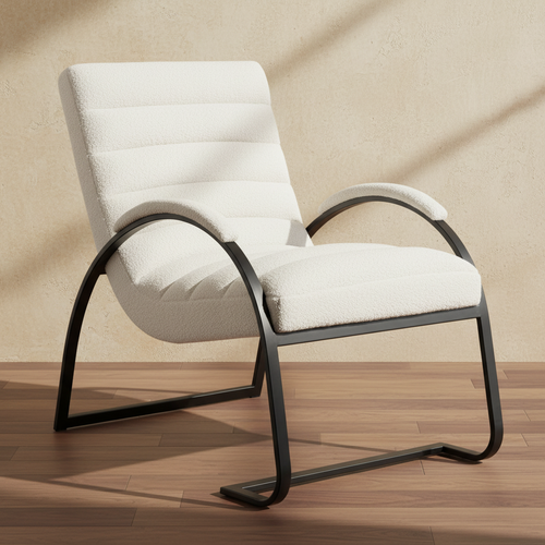Cream Boucle Lounge Chair with Black Metal Frame