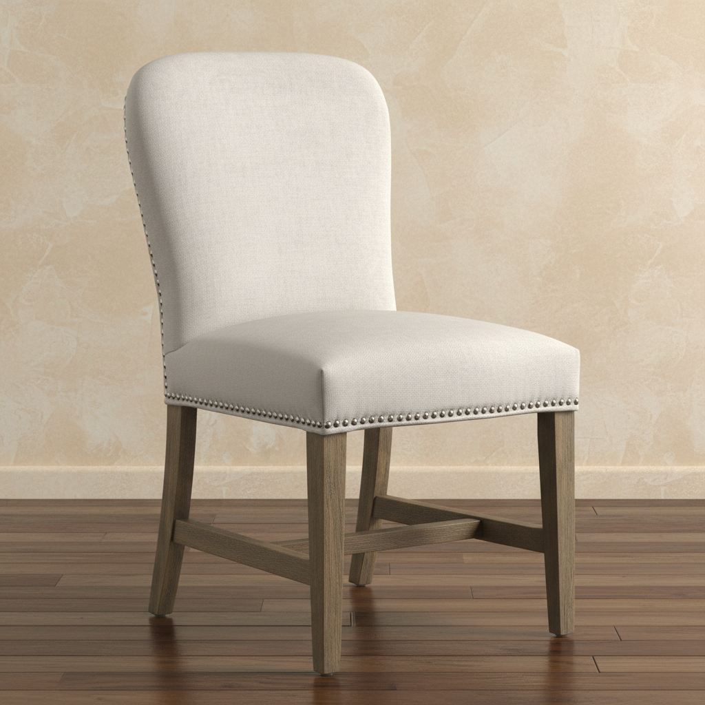 Cream Linen Dining Chair with Nailhead Trim and Weathered Oak Legs