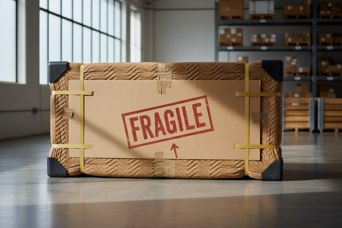 photo of high-quality protective furniture packaging, showing  "Fragile" artisan stamp, or a clean warehouse silhouette.