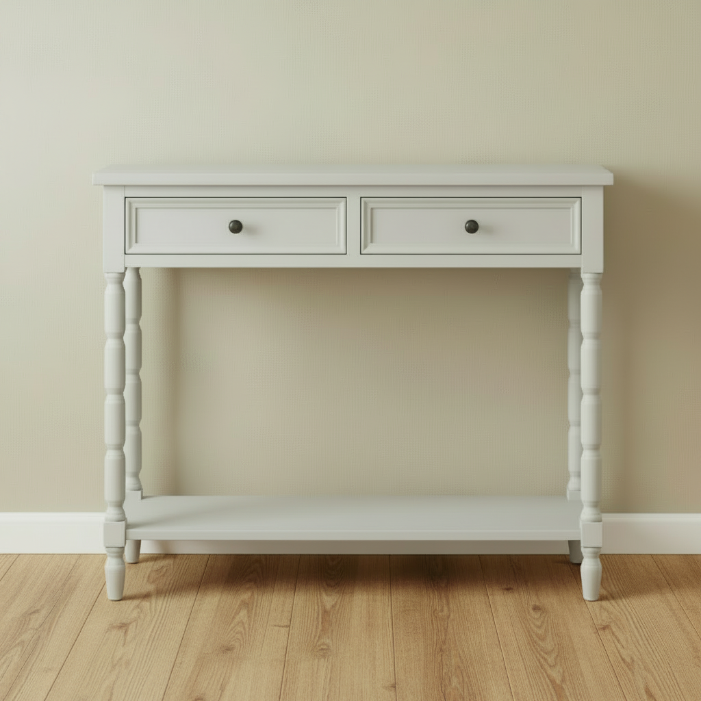 Sage Grey Console Table — Tanned Brown Floor