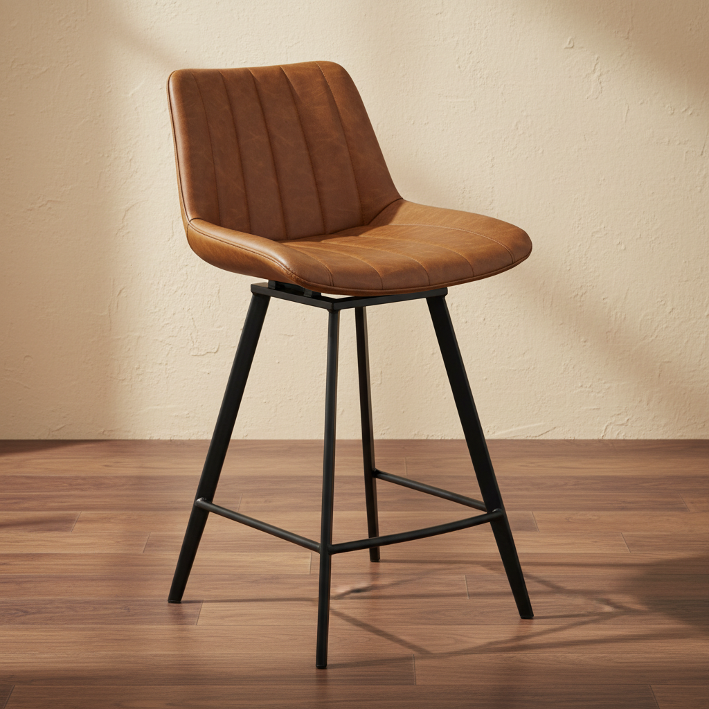 Tan Cognac Leather Bar Stool with Black Metal Legs