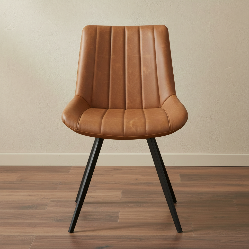Tan Leather Channel Tufted Chair - Front View