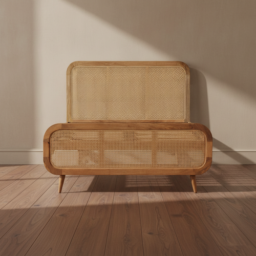 Bohemian Rattan and Solid Wood Bed Frame - Scandi Boho Bedroom Style