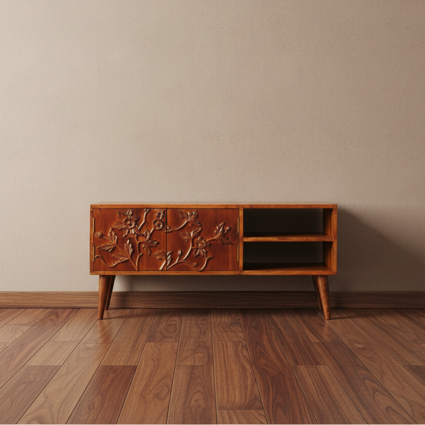 Botanic Flora Carved Media Unit - Boho TV Stand with Storage
