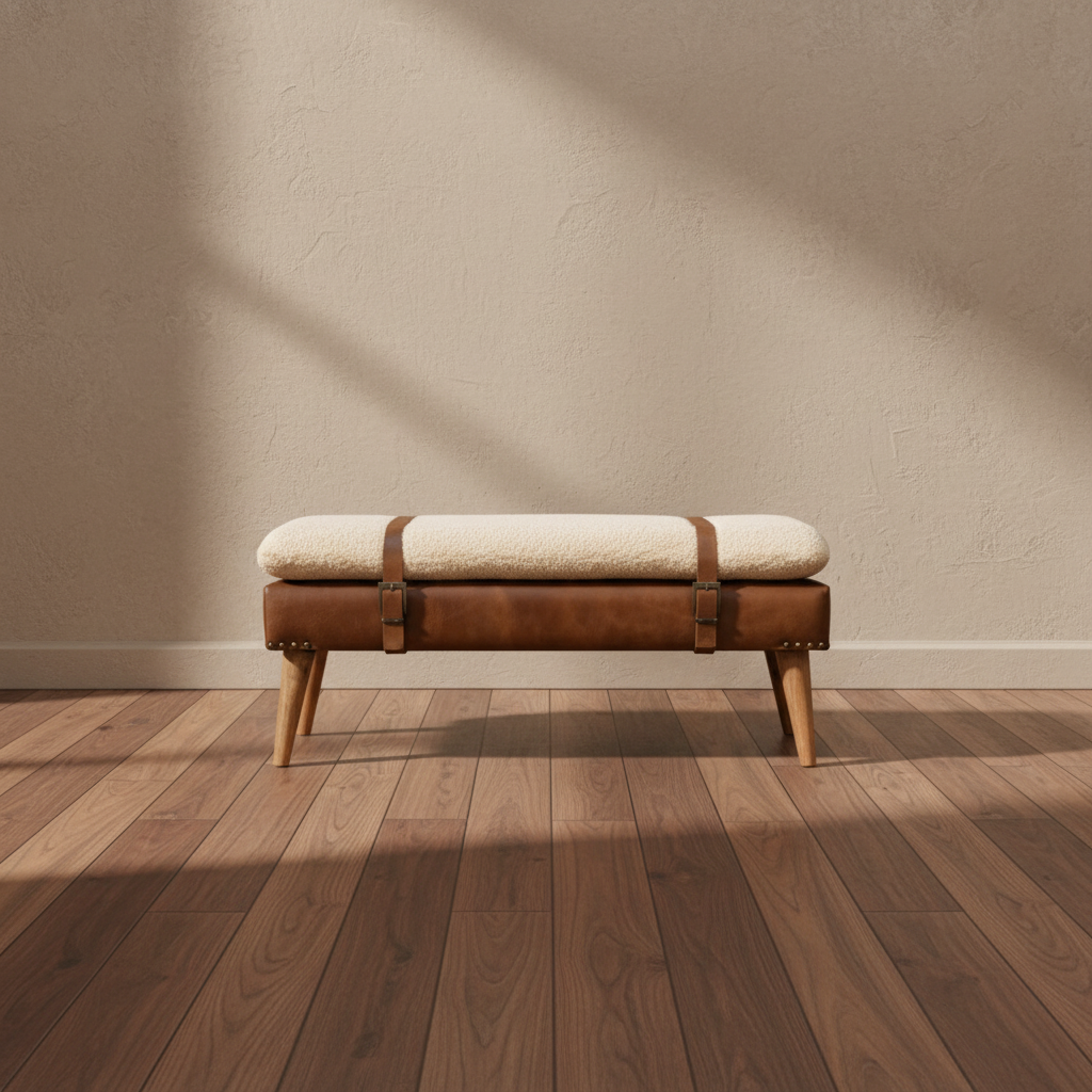 Genuine Buffalo Leather Bench - Rustic Industrial Hallway Seating