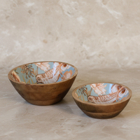 Hand-Painted Floral Bird Wooden Bowl Set - Rustic Kitchen Decor