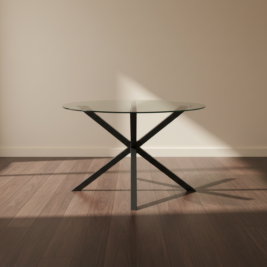 The Monza Round Glass Modern Dining Table against plain beige wall
