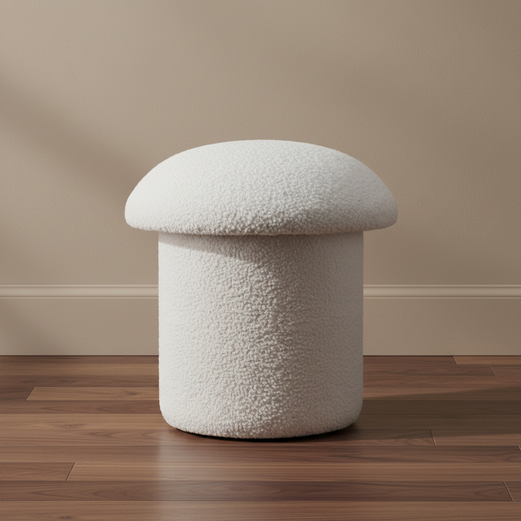 White Bouclé Mushroom Stool - Textured Round Ottoman