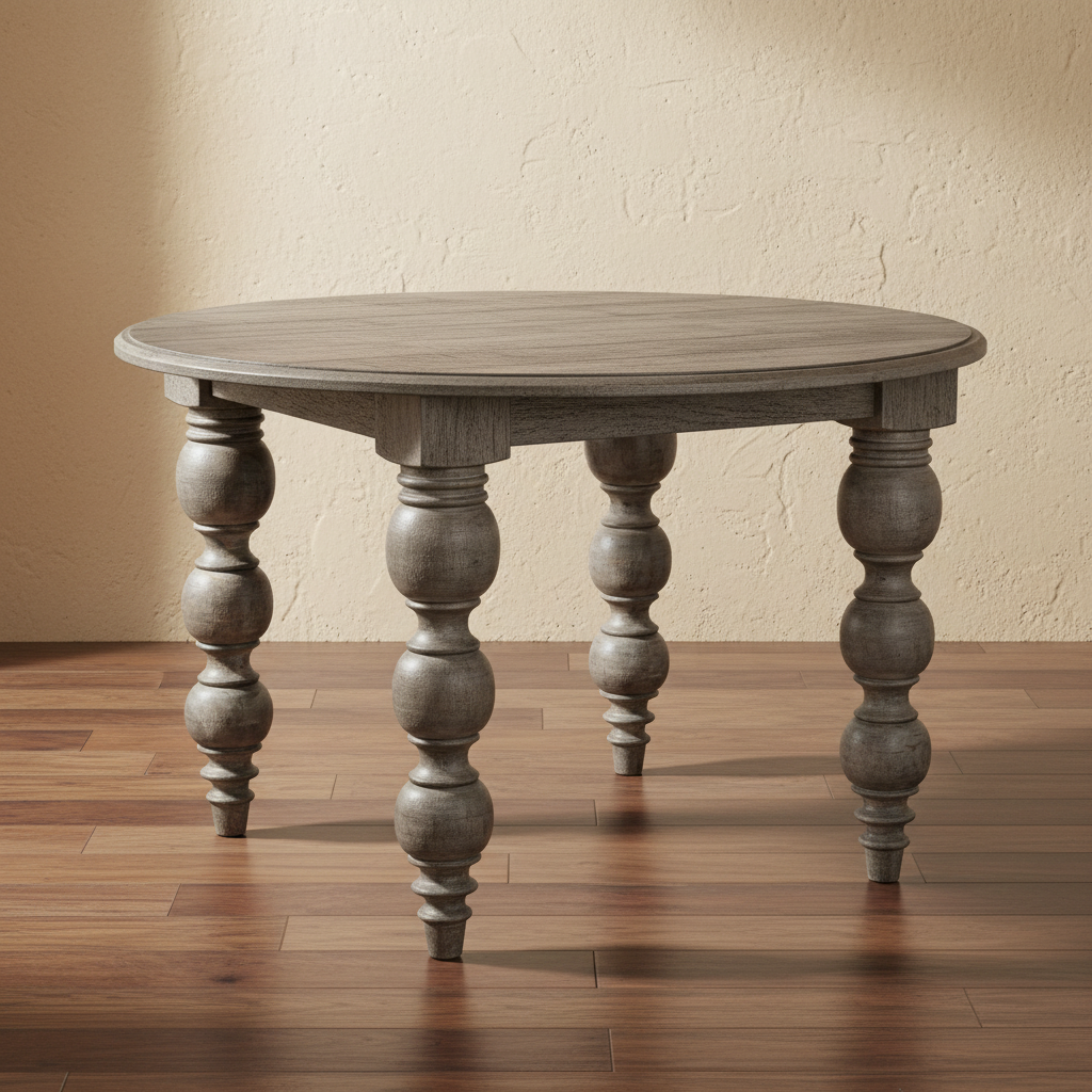 Weathered Grey Round Dining Table with Turned Legs