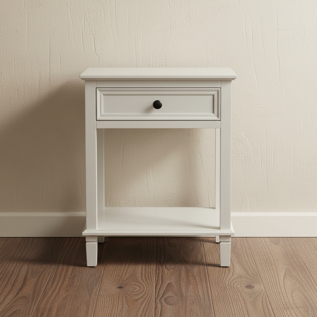 The Belmont Alpine White Side Table - White Painted Rattan Shelf Bedside Table | Hearth & Haven